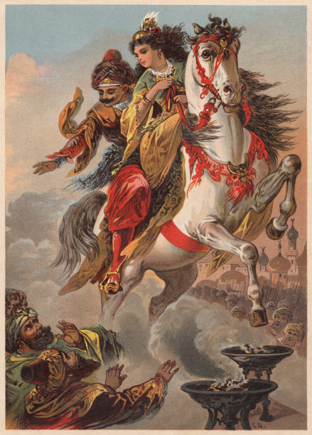 The Magic Horse, from Arabian Nights, lithograph, published ca. 1890 The Magic Horse - a fairy tale from One Thousand and One Nights. Lithograph after a drawing by Carl Offterdinger (German painter, 1829 - 1889), published ca. 1890. arab man riding horse stock illustrations