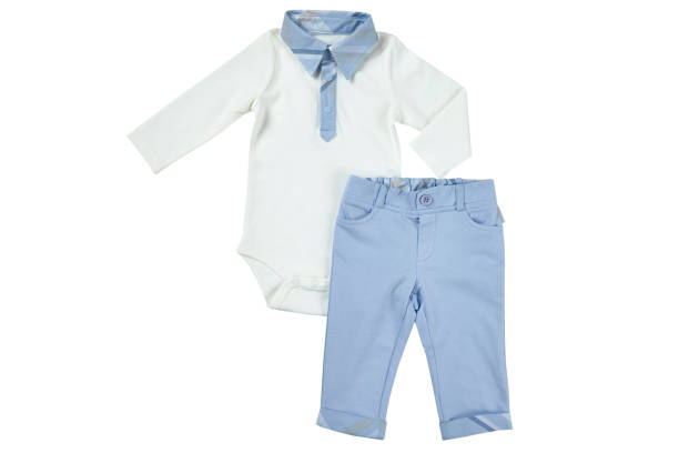 istock Baby boy blue and white clothes white background 957401196