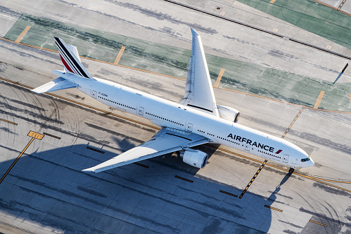 Los Angeles, USA - March 29, 2018: Air France Boeing 777-300/ER at Los Angeles Int. Airport. Air France is the French flag carrier headquartered in Tremblay-en-France. It is a subsidiary of the Air France–KLM Group and a founding member of the SkyTeam global airline alliance.