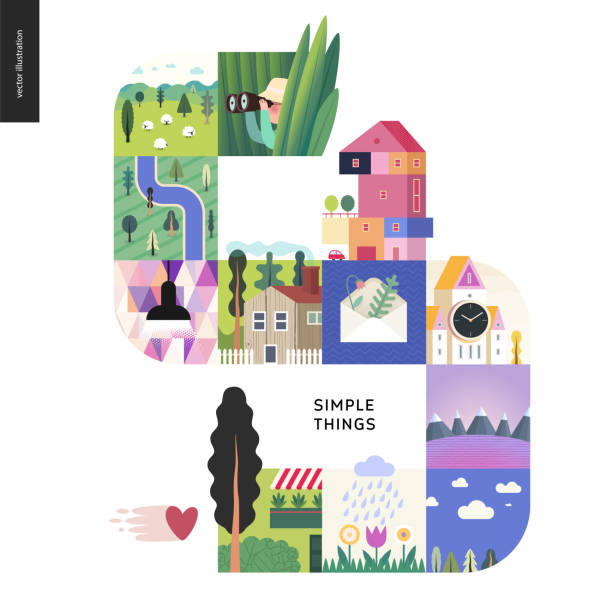 Simple things - color composition set Simple things - color set - flat cartoon vector illustration of hunter, grass, sheep, river, black lamp, houses, letter, herbarium, clock tower, mountains, sky, clouds and flowers - colour composition field non urban scene sky landscape stock illustrations