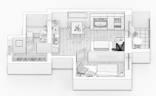 Mock up of furnished home apartment, white paper model. 3d illustration