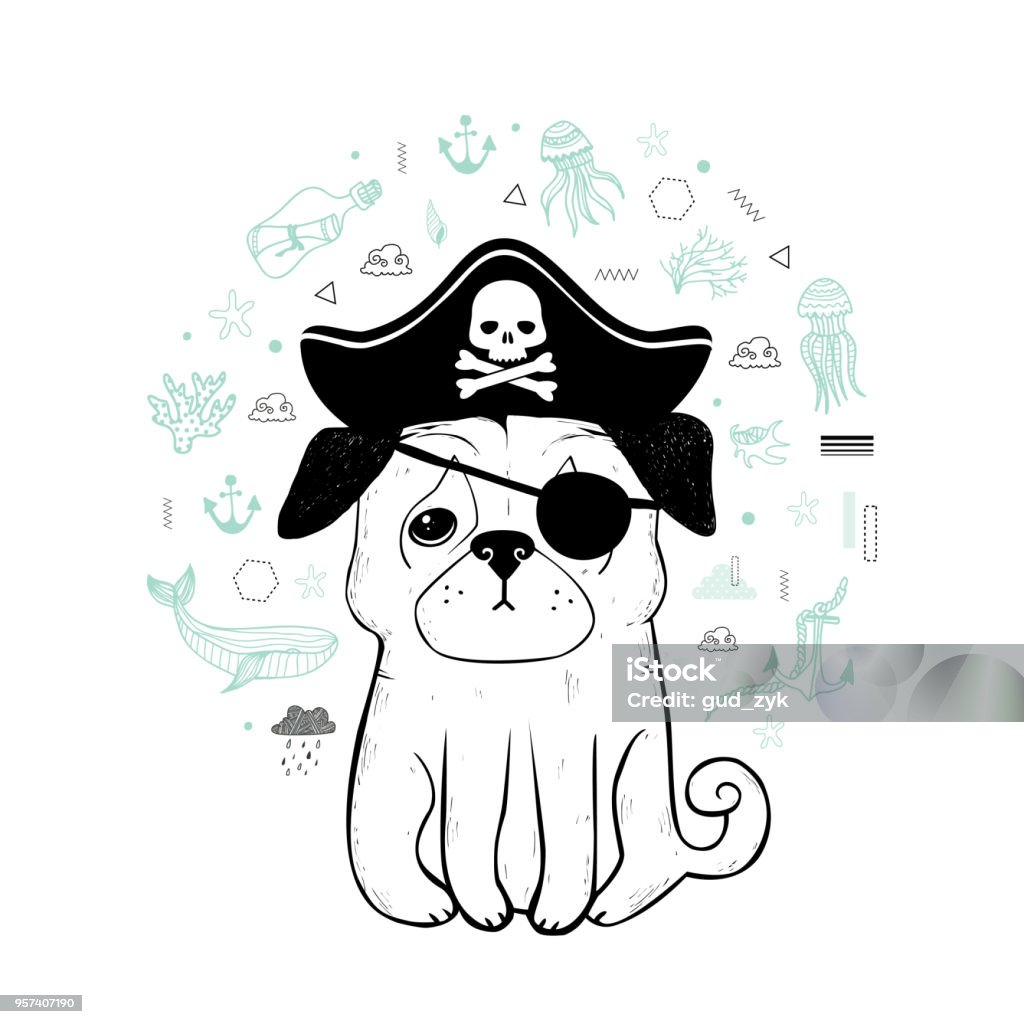 Pug pirate Hand drawn pug pirate. Cute vector illustration. Dog, pet, animal. Sea, ocean Animal stock vector