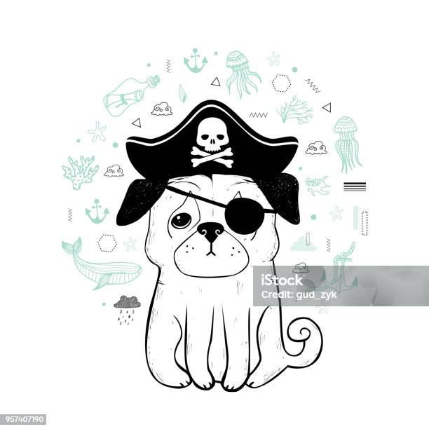 Pug Pirate Stock Illustration - Download Image Now - Animal, Animal Body Part, Animal Head