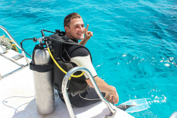 A scuba diver before diving. guy in diving outfit preparing to dive into the ocean.
