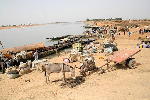 Bamako capital of Maliview up the Niger river with local people washing clothes