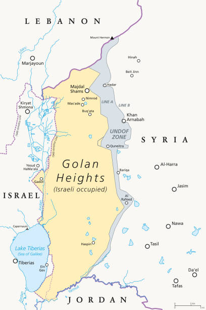 Golan Heights political map Golan Heights. political map with borders, important places, rivers and Lake Tiberias. A region in the Levant. Area, captured from Syria and occupied by Israel. English labeling. Illustration. Vector. levant map stock illustrations