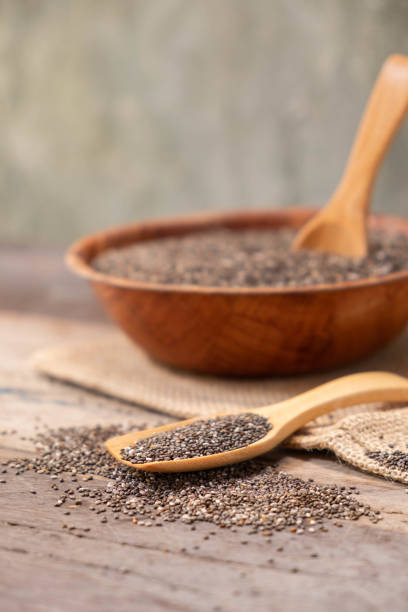 istock Chia seeds in a wooden spoon on the table 957431606