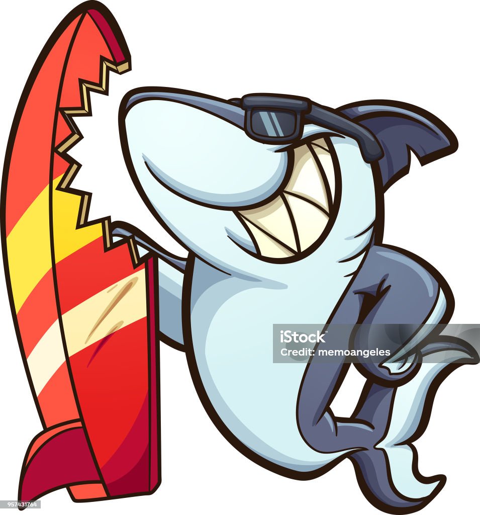 Surfboard shark Cartoon shark with sunglasses and a bitten surfboard. Vector clip art illustration with simple gradients. All in a single layer. Shark stock vector