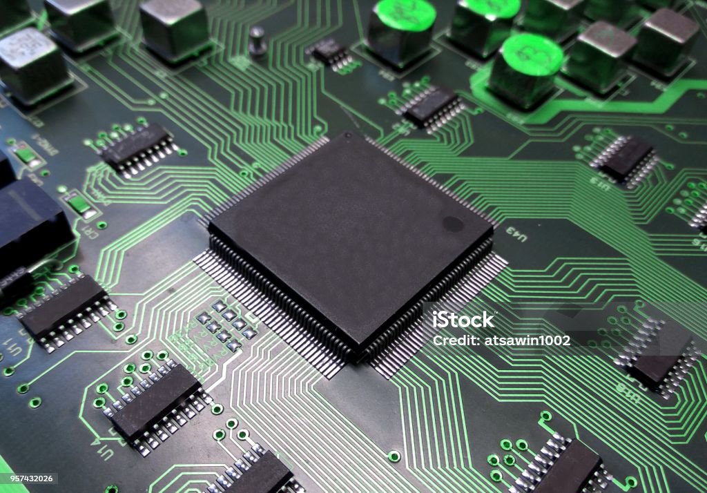 IC Part component and line circuit on board electronic for background technology concept. Circuit Board Stock Photo