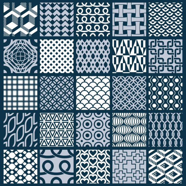 벡터 그래픽 빈티지 텍스처 사각형, rhombuses 및 기타 기하학적 도형을 사용 하 여 만든. 흑백 원활한 섬유 디자인에 사용 하기 위해 최고의 컬렉션을 패턴. - interweave stock illustrations