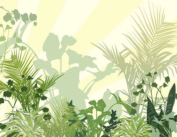 Vector illustration of Drak and Light Green Tropical Plants Background On Yellow Streaks