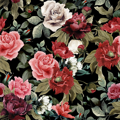 Seamless floral pattern with pink roses and peonies on dark background, watercolor