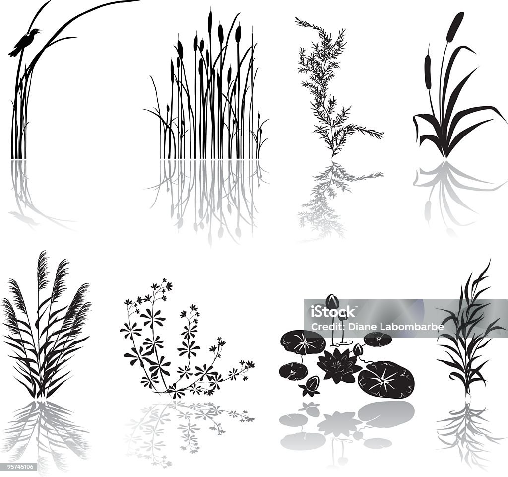 Zonas húmidas ícones preto silhueta com vários Marsh elementos e as sombras - Royalty-free Vetor arte vetorial