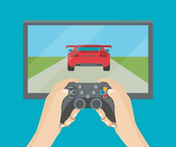 Vector illustration of Hands holding  gamepad.
Racing videogame. Vector flat illustration