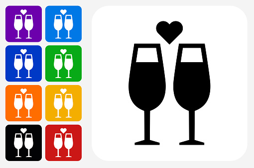 Champagne Glasses Icon Square Button Set. The icon is in black on a white square with rounded corners. The are eight alternative button options on the left in purple, blue, navy, green, orange, yellow, black and red colors. The icon is in white against these vibrant backgrounds. The illustration is flat and will work well both online and in print.