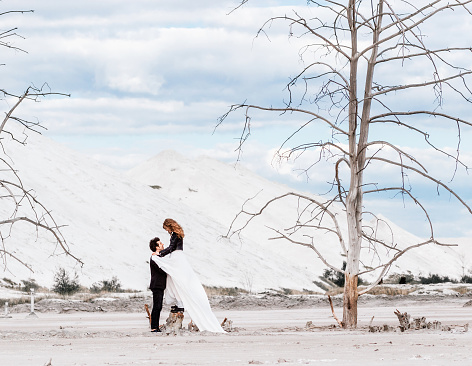 The bride with red hair stands on the dried-up stump and hugs the groom on the background of the desert with withered trees, mountains of sand. Modern wedding dress and suit.