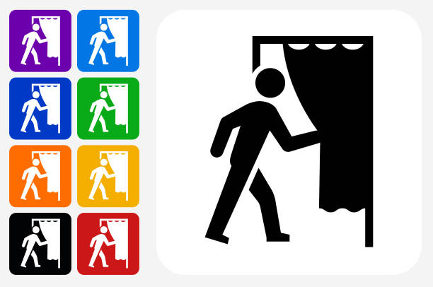 Going Backstage Icon Square Button Set Going Backstage Icon Square Button Set. The icon is in black on a white square with rounded corners. The are eight alternative button options on the left in purple, blue, navy, green, orange, yellow, black and red colors. The icon is in white against these vibrant backgrounds. The illustration is flat and will work well both online and in print. backstage stock illustrations