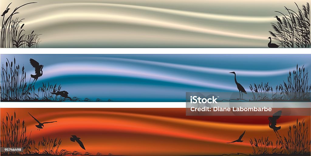 Three Marsh and Wetlands Scenes on Horizonal Banners Three marsh and wetlands banners. Great Blue Heron stock vector