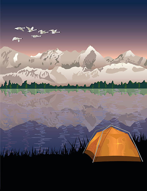 Camping in the Mountains Campers on the edge of a mountain lake at sunset. alaska landscape stock illustrations