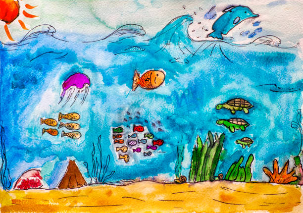 морс�кая жизнь. детская вода цвет ручной рисунок. - childs drawing stock illustrations
