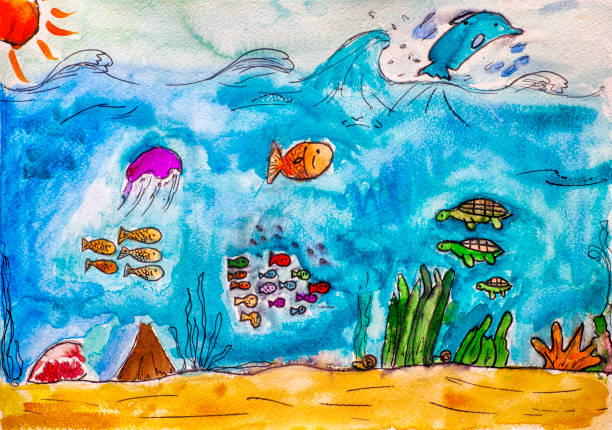istock Sea life. Child water colour hand drawing. 957468534