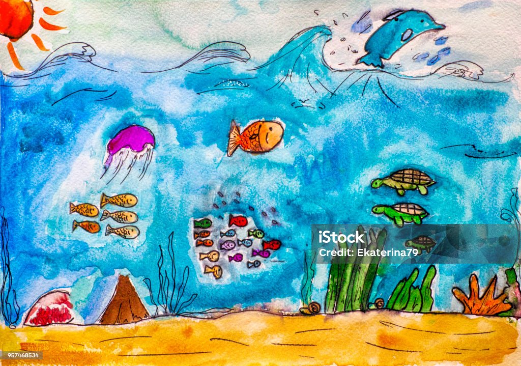 Sea Life Child Water Colour Hand Drawing Stock Illustration - Download  Image Now - Child's Drawing, Fish, Sea - iStock