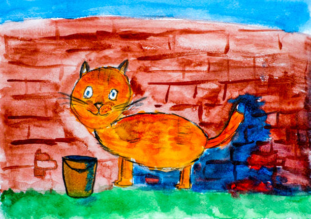 istock Red cat painting brick wall by his tail. Child watercolour hand drawing. 957468798