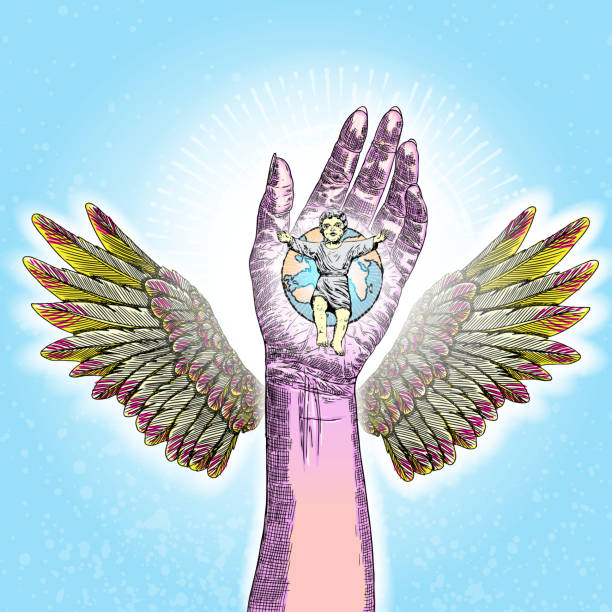 istock Angel hand with wings holding planet Earth and baby Jesus shining with bright rays on blue background. Christmas Nativity of baby Jesus birth. God send his son to Earth for love of people. Vector. 957469164