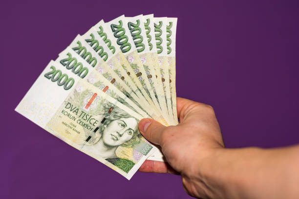 Hand holding green Czech banknotes