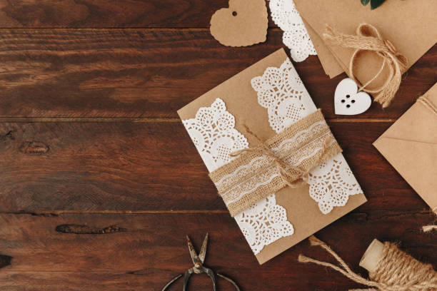 istock Diy creative  idea. Handmade card invitation. Wedding card invitation, top view 957476930