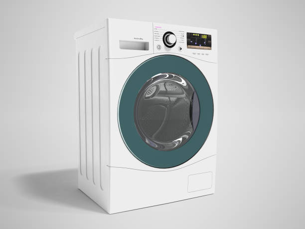 istock Modern multifunction electric washing machine white with blue rim 3d rendering on gray background with shadow 957478668