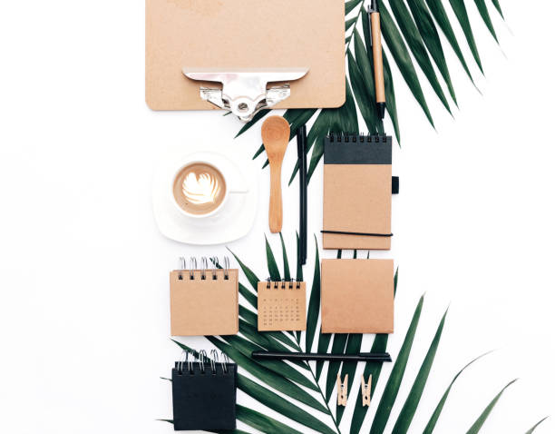 istock Modern blogger concept. Workspace with eco Kraft items on white background 957482400
