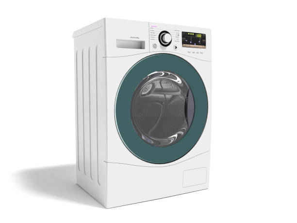 istock Modern multifunction electric washing machine white with blue rim 3d rendering on white background with shadow 957482776