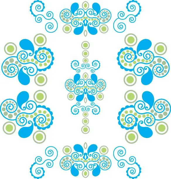 Vector illustration of Paisley patterns in greens and turquoise