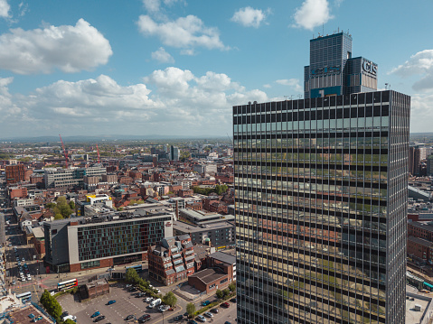 Manchester city centre NOMA drone green quarter above aerial view construction skyline