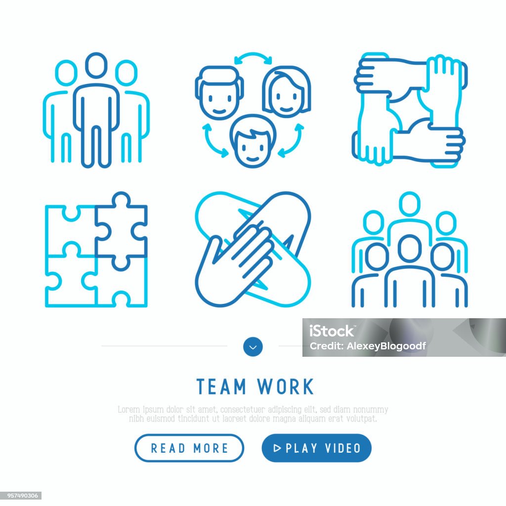 Teamwork thin line icons set: group of people, mutual assistance, meeting, handshake, cooperation, puzzle, team spirit, cooperation. Modern vector illustration. Icon Symbol stock vector