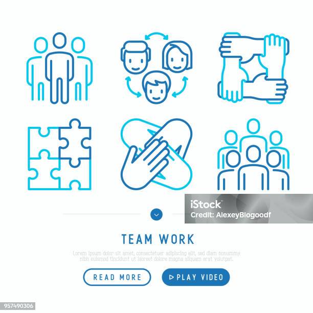 Teamwork Thin Line Icons Set Group Of People Mutual Assistance Meeting Handshake Cooperation Puzzle Team Spirit Cooperation Modern Vector Illustration Stock Illustration - Download Image Now