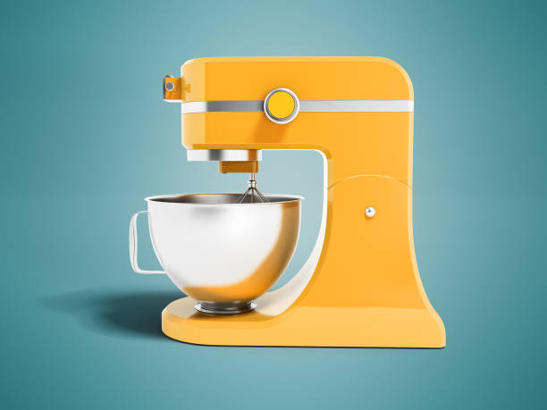 istock Modern multifunctional mixer for kitchen yellow with metal bowl 3d rendering on blue background with shadow 957495240