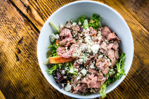 Bowl of Steak and blue cheese salad from above