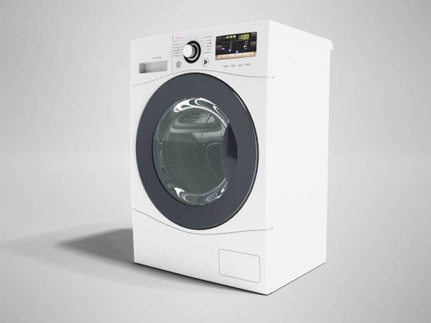 istock Modern washing machine white for washing things left 3d render on gray background with shadow 957497162