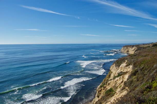 istock Beautiful coastal view in California (USA): Pacific ocean with limestone rock cliffs with crashing waves, a clear blue summer sky without clouds is the perfect place for tourists to visit 957497244
