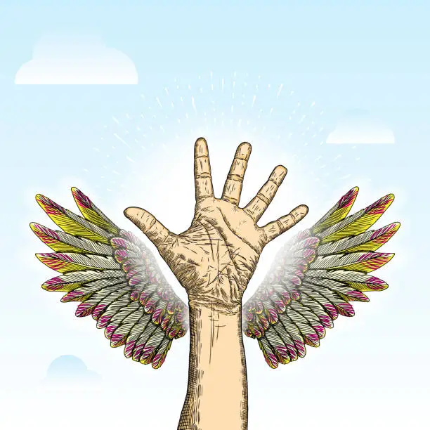 Vector illustration of Volunteering hand raised with angel wings on blue sky background. Guardian or saver, helper concept.  Vector