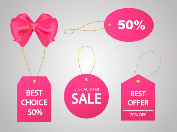 ilustrações, clipart, desenhos animados e ícones de conjunto de etiquetas cor de rosa para venda com laço rosa. ilustração em vetor. - price tag label blank vector