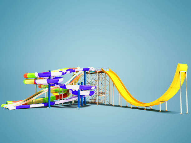 istock Water rides with straight bitter yellow and roller coaster with spring on the right 3d render on blue background with shadow 957505420