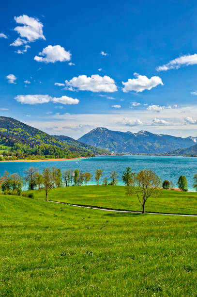 panoramiczny widok na górskie jezioro (hdri) - lake tegernsee zdjęcia i obrazy z banku zdjęć