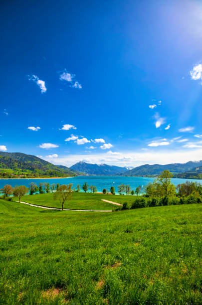 panoramiczny widok na górskie jezioro (hdri) - lake tegernsee zdjęcia i obrazy z banku zdjęć