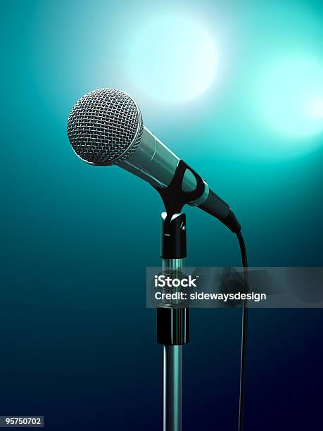 Up Close Photo Of A Microphone Mounted On A Stand Stock Photo - Download Image Now - Microphone, Stage - Performance Space, Audition