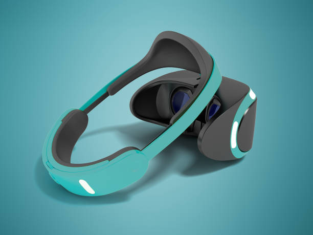 istock Modern glasses of the revered reality black plastic with dark blue inserts 3D render on blue background with shadow 957509490