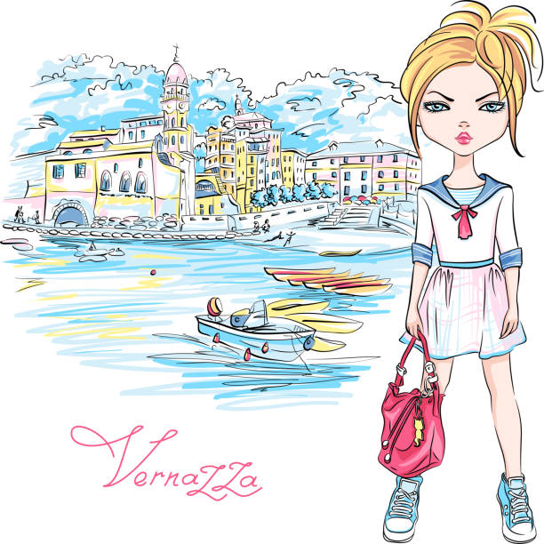 Cute fashion girl in Vernazza, Italia Cute beautiful fashion girl in summer dress in Vernazza, Five lands, Cinque Terre National Park, Liguria, Italy. spezia stock illustrations