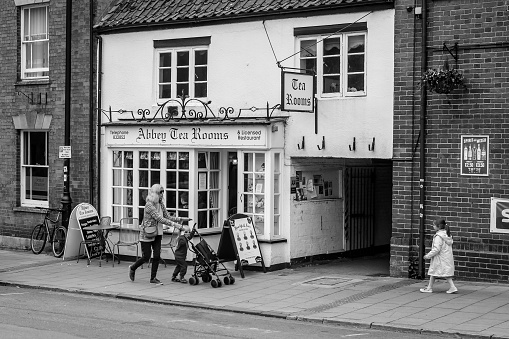 Glastonbury, England - May 9, 2018: Abbey Tea Rooms, Old English Style Tea Room in Glastonbury Centre in black and white tone